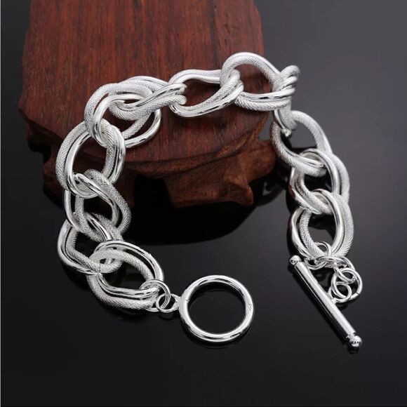 #32 NEW 925 Sterling Silver Chunky Textured Chain Link Bracelet - Picture 4 of 5